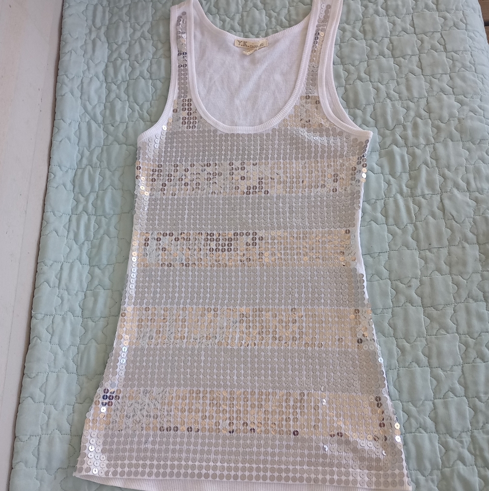 YK Clothing white/silver Sequin Tank Top Sz L